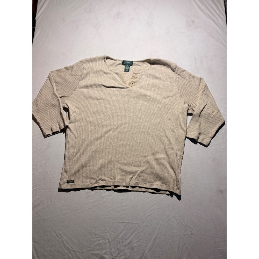 Lauren Ralph Lauren Beige Ribbed Hook Eye Cotton Top 3X Plus Size 3/4 Sleeve